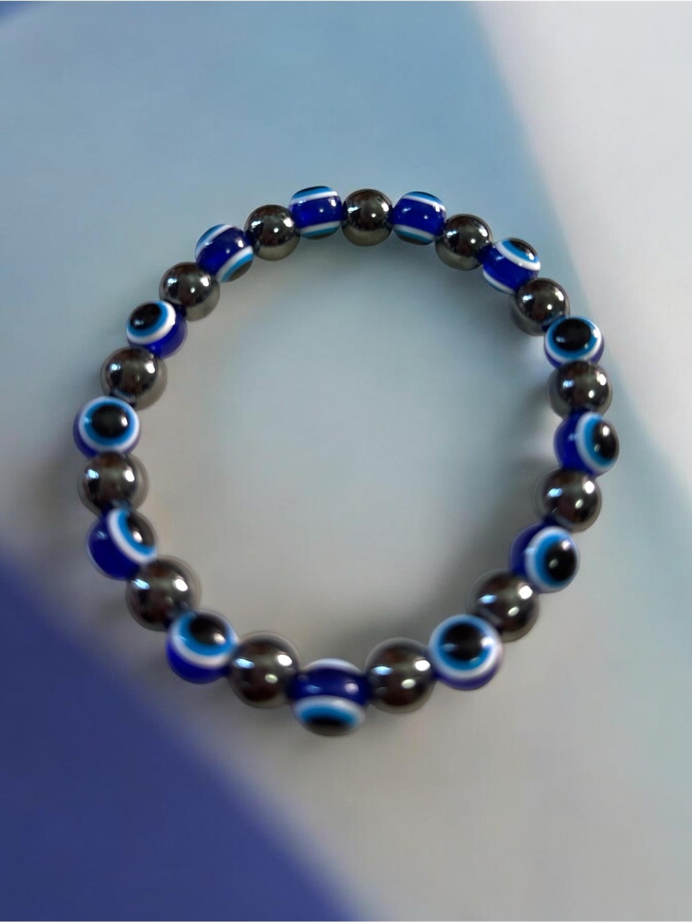 Blue Evil Eye with Hematite 8mm Bead Stretch Bracelet